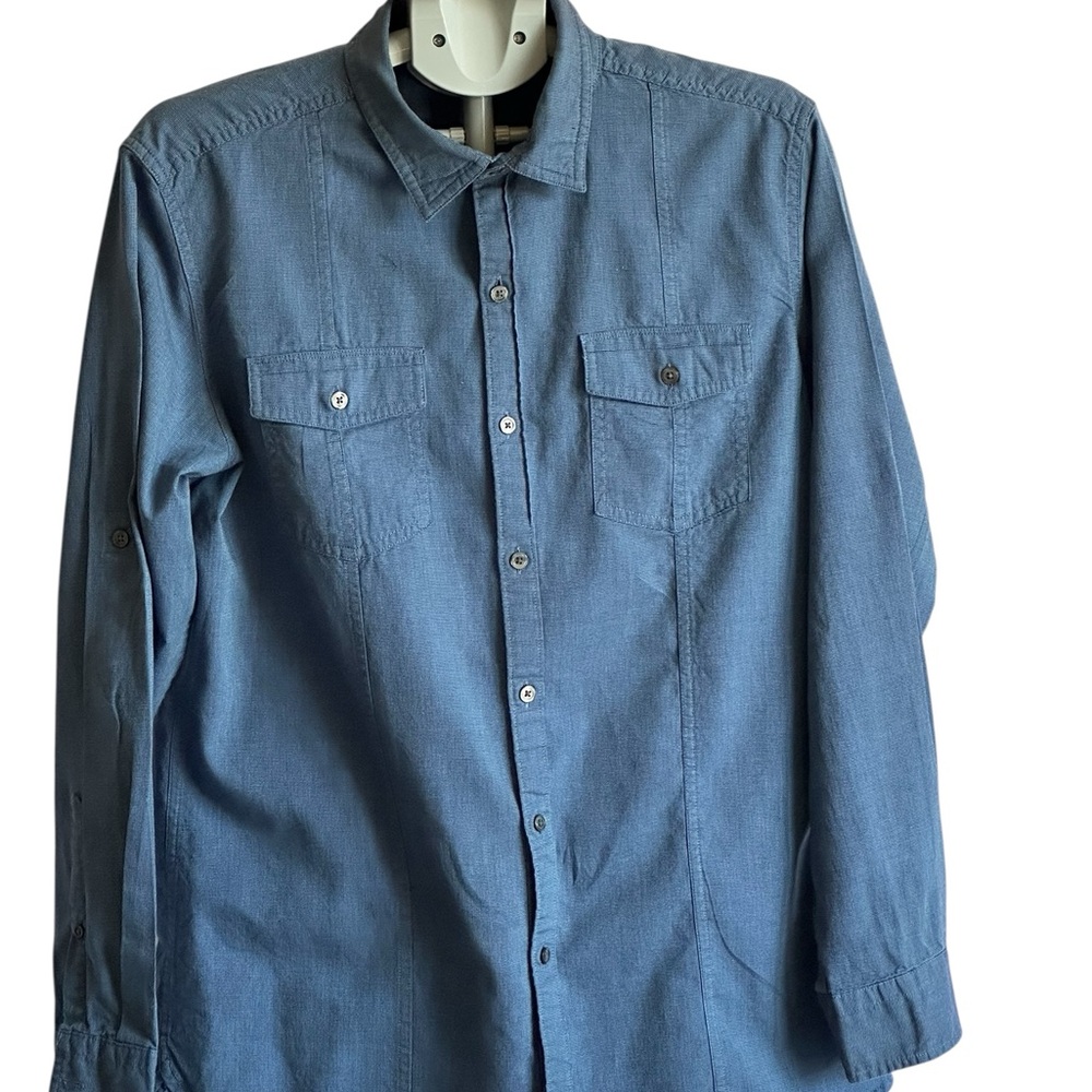 Marc Anthony  Blue Casual Button Down Shirt,Slim Fit, Long Sleeve Streetwear